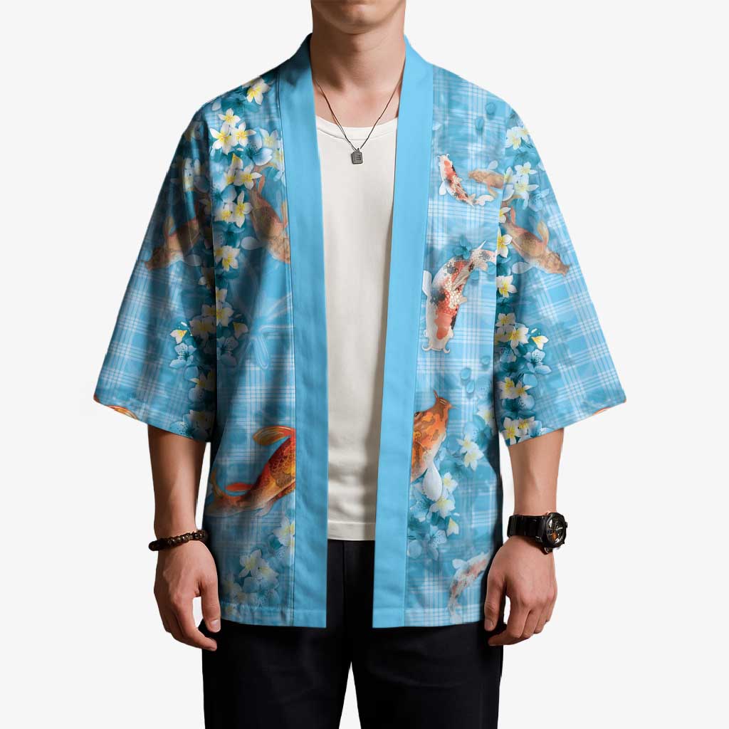 Blue Palaka Hawaiian And Japanese Kimono Sakura Lei With Koi Fish - Polynesian Pride