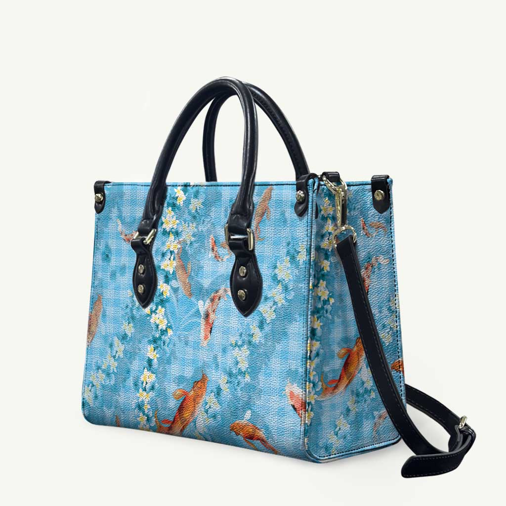 Blue Palaka Hawaiian And Japanese Leather Bag Sakura Lei With Koi Fish - Polynesian Pride