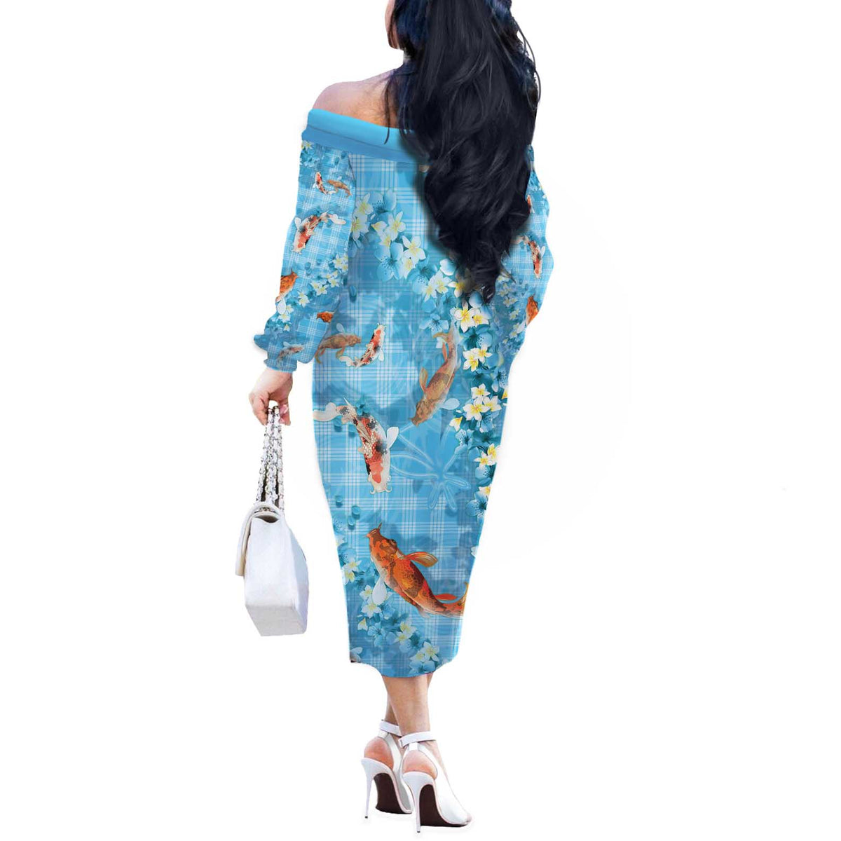 Blue Palaka Hawaiian And Japanese Off The Shoulder Long Sleeve Dress Sakura Lei With Koi Fish DT05 - Polynesian Pride