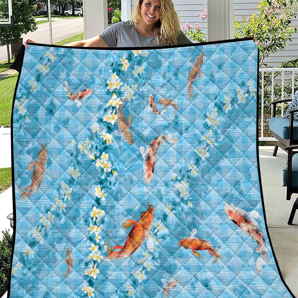 Blue Palaka Hawaiian And Japanese Quilt Sakura Lei With Koi Fish - Polynesian Pride