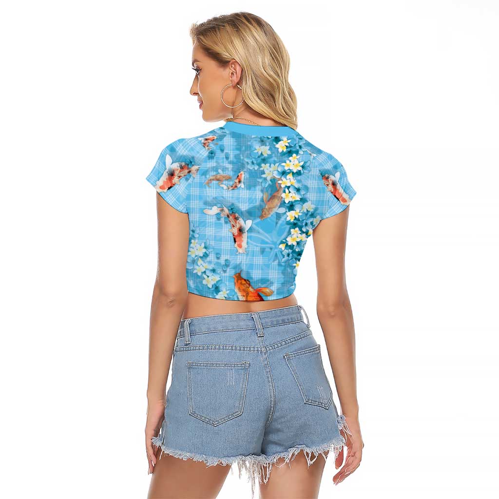 Blue Palaka Hawaiian And Japanese Raglan Cropped T Shirt Sakura Lei With Koi Fish - Polynesian Pride