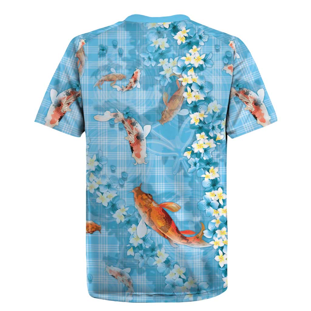 Blue Palaka Hawaiian And Japanese Rugby Jersey Sakura Lei With Koi Fish - Polynesian Pride
