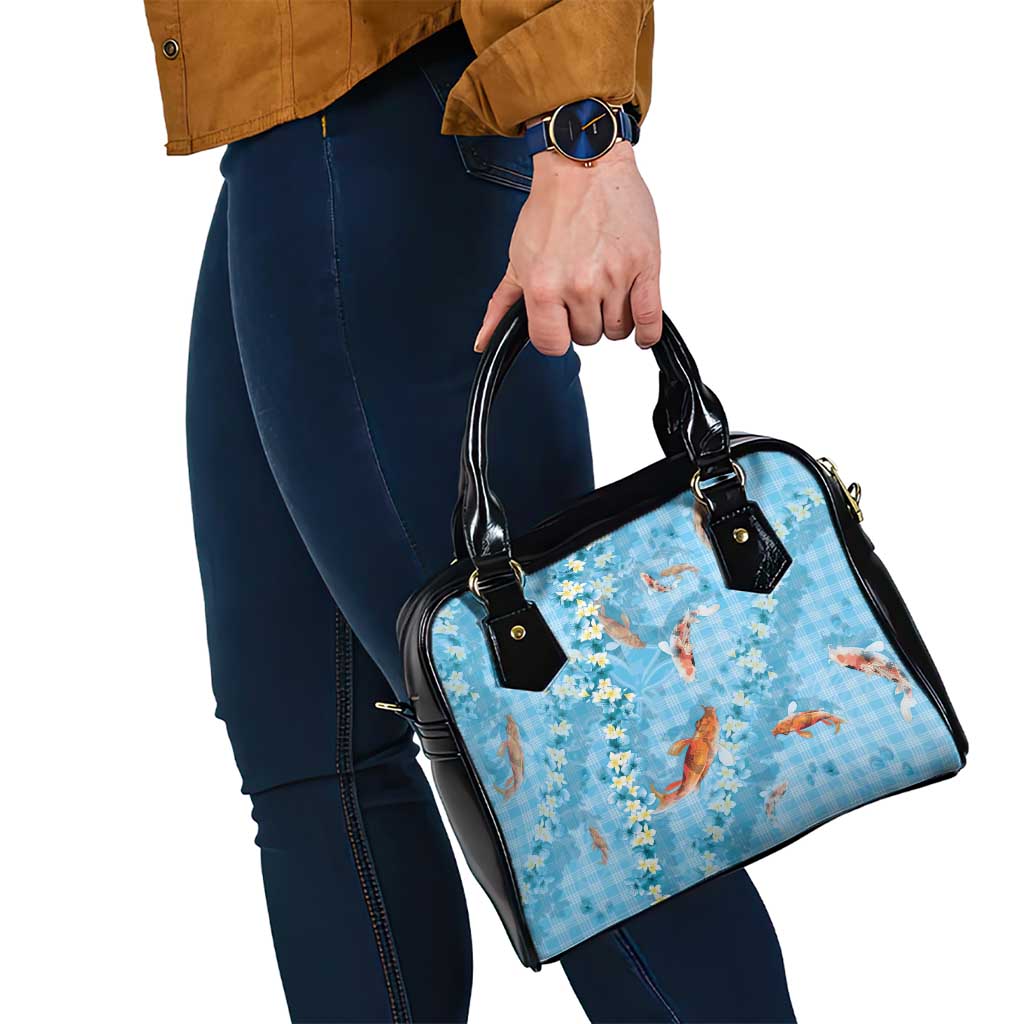 Blue Palaka Hawaiian And Japanese Shoulder Handbag Sakura Lei With Koi Fish - Polynesian Pride