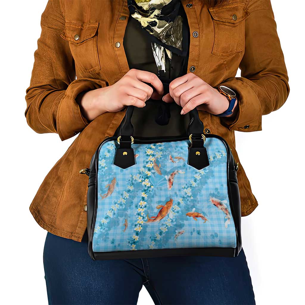 Blue Palaka Hawaiian And Japanese Shoulder Handbag Sakura Lei With Koi Fish - Polynesian Pride