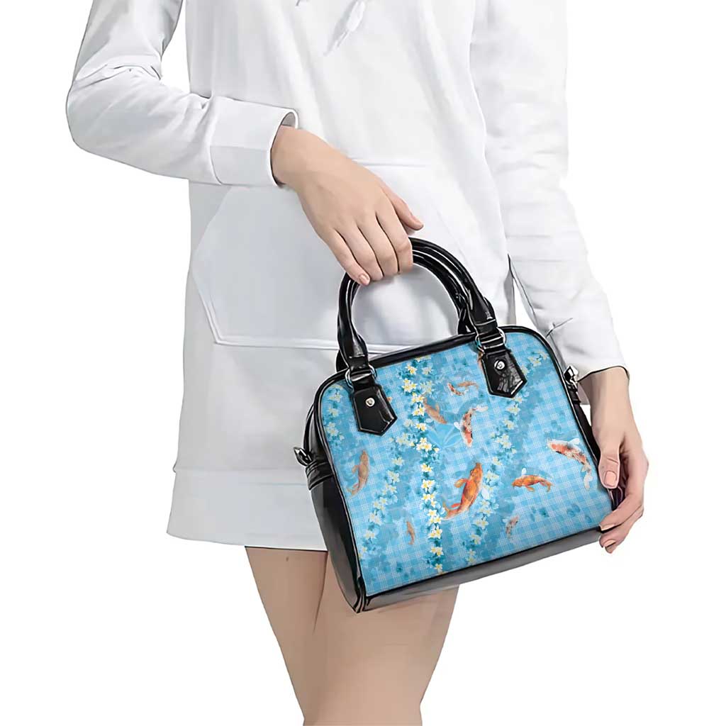 Blue Palaka Hawaiian And Japanese Shoulder Handbag Sakura Lei With Koi Fish - Polynesian Pride