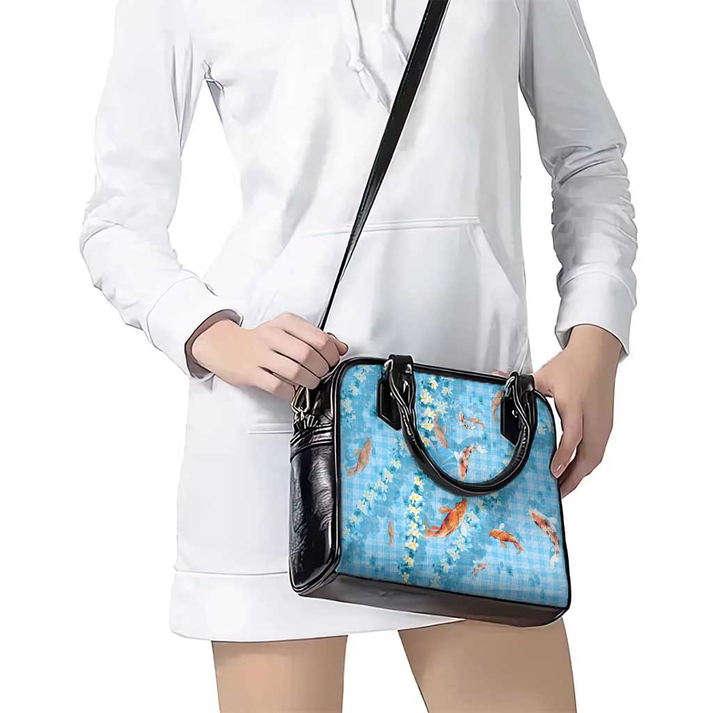 Blue Palaka Hawaiian And Japanese Shoulder Handbag Sakura Lei With Koi Fish - Polynesian Pride