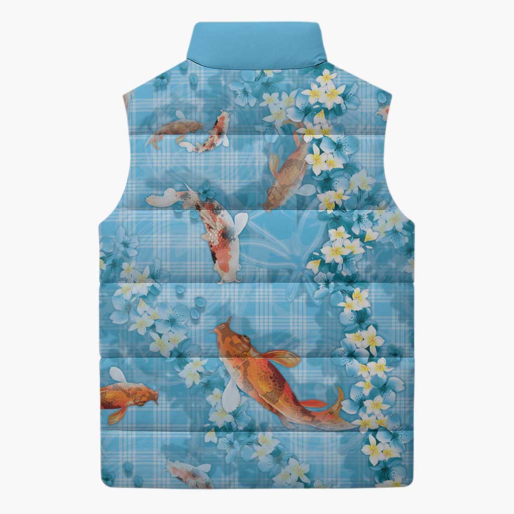 Blue Palaka Hawaiian And Japanese Sleeveless Puffer Jacket Sakura Lei With Koi Fish - Polynesian Pride