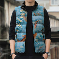 Blue Palaka Hawaiian And Japanese Sleeveless Puffer Jacket Sakura Lei With Koi Fish - Polynesian Pride