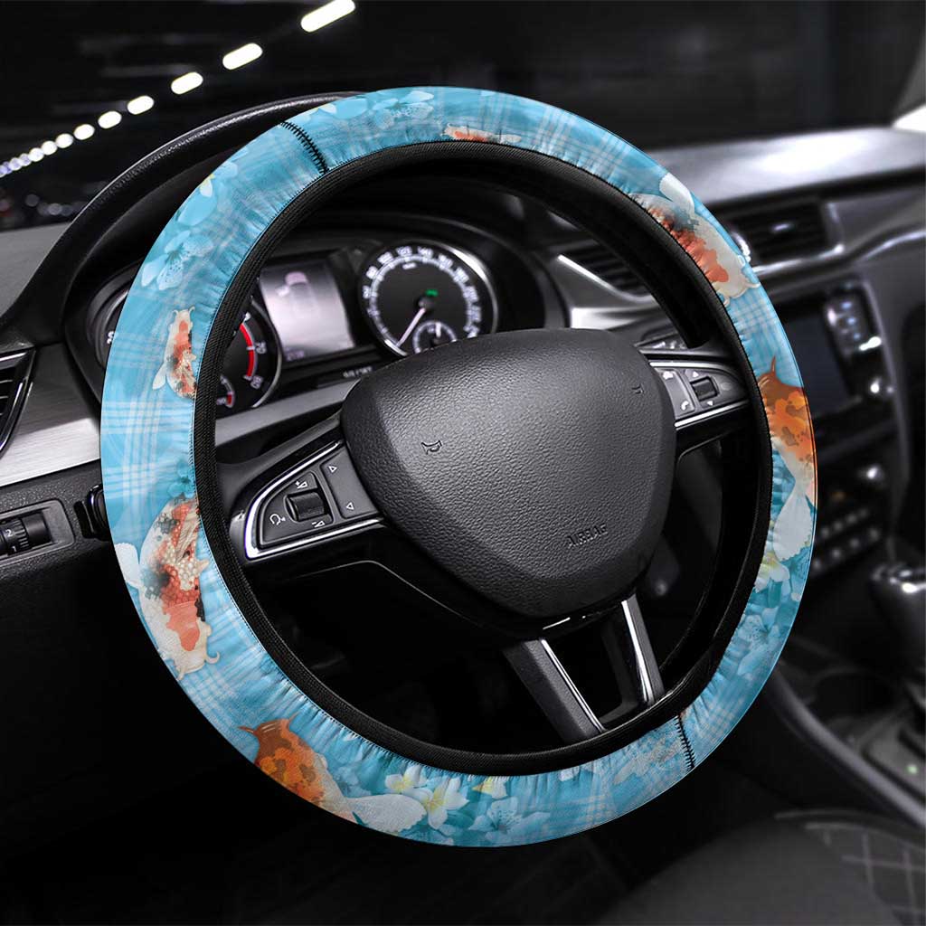 Blue Palaka Hawaiian And Japanese Steering Wheel Cover Sakura Lei With Koi Fish DT05 Universal Fit Blue - Polynesian Pride