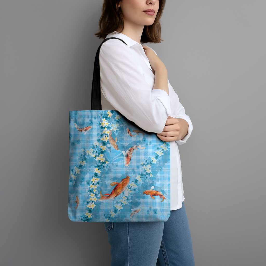 Blue Palaka Hawaiian And Japanese Tote Bag Sakura Lei With Koi Fish - Polynesian Pride
