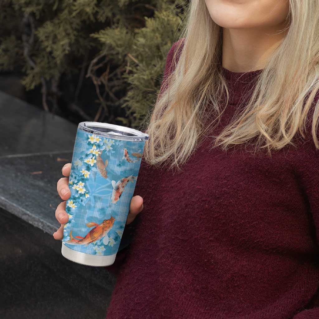 Blue Palaka Hawaiian And Japanese Tumbler Cup Sakura Lei With Koi Fish - Polynesian Pride