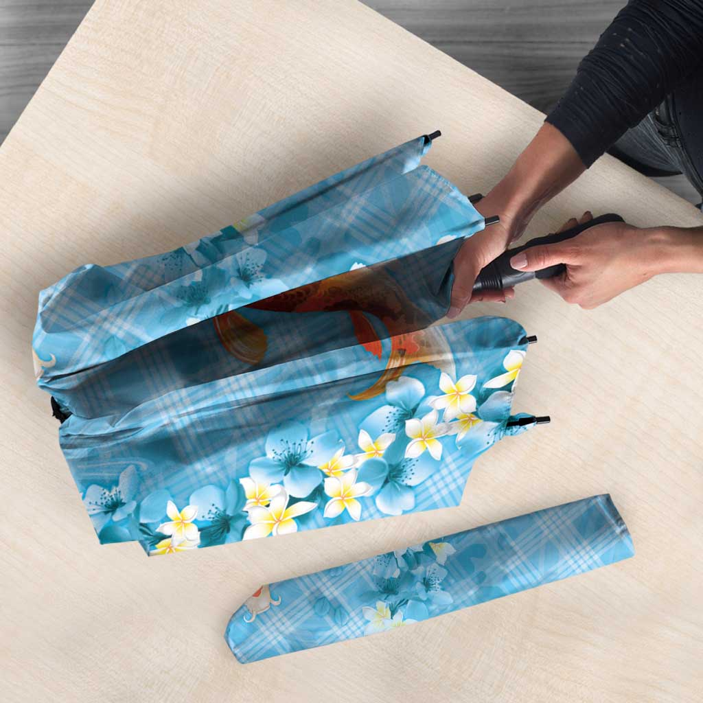 Blue Palaka Hawaiian And Japanese Umbrella Sakura Lei With Koi Fish - Polynesian Pride