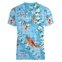 Blue Palaka Hawaiian And Japanese Women V-Neck T-Shirt Sakura Lei With Koi Fish - Polynesian Pride