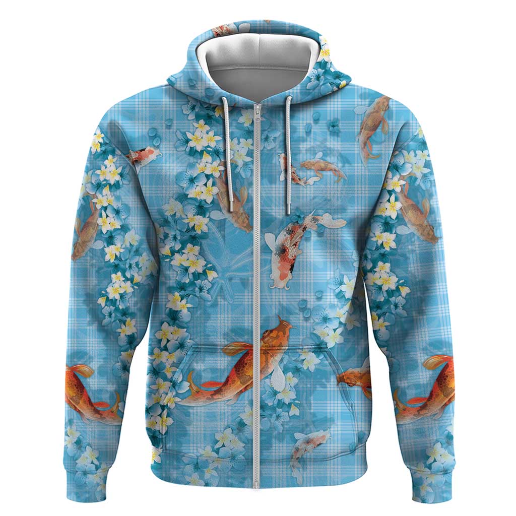 Blue Palaka Hawaiian And Japanese Zip Hoodie Sakura Lei With Koi Fish - Polynesian Pride