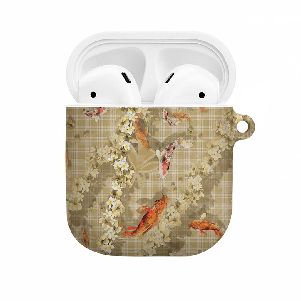 Beige Palaka Hawaiian And Japanese AirPods Case Sakura Lei With Koi Fish - Polynesian Pride