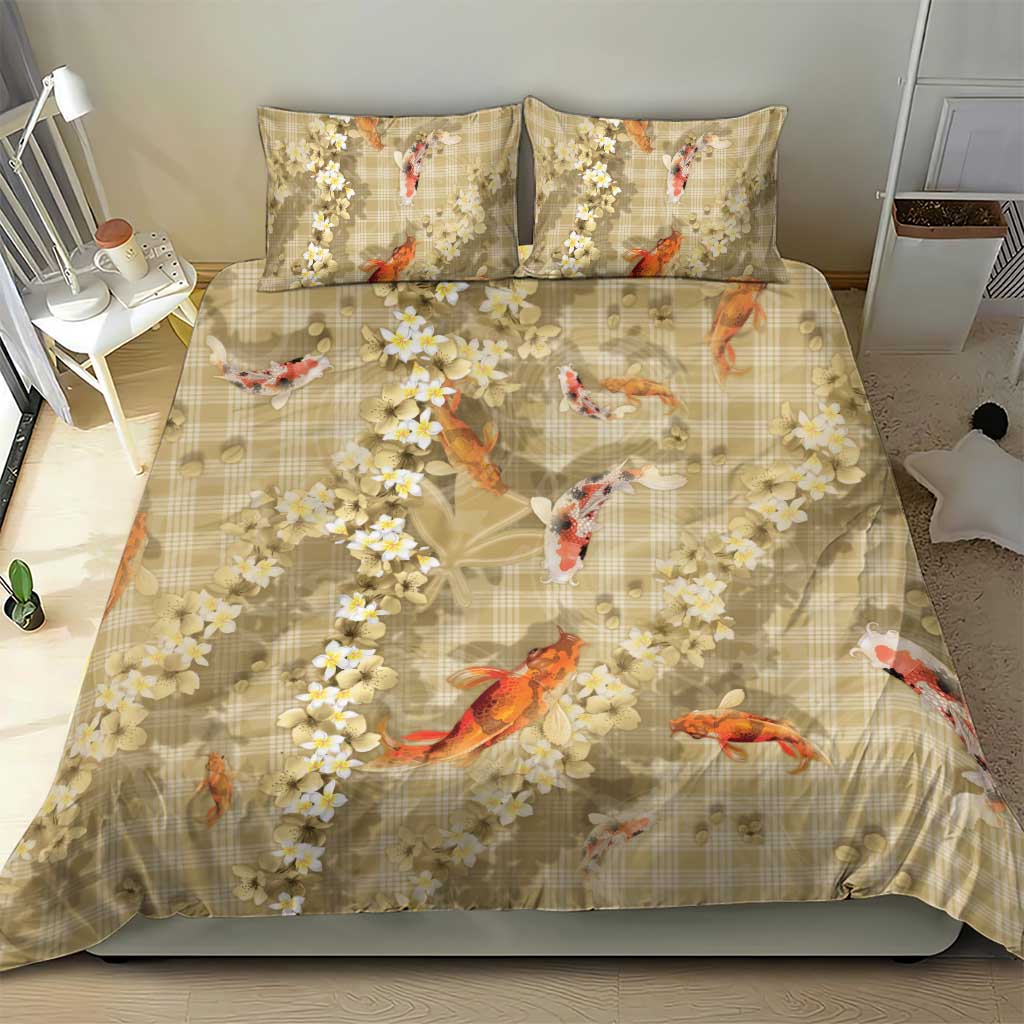 Beige Palaka Hawaiian And Japanese Bedding Set Sakura Lei With Koi Fish - Polynesian Pride