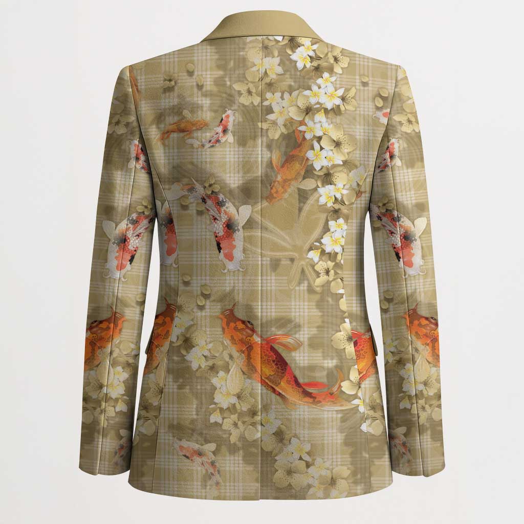 Beige Palaka Hawaiian And Japanese Blazer Sakura Lei With Koi Fish - Polynesian Pride