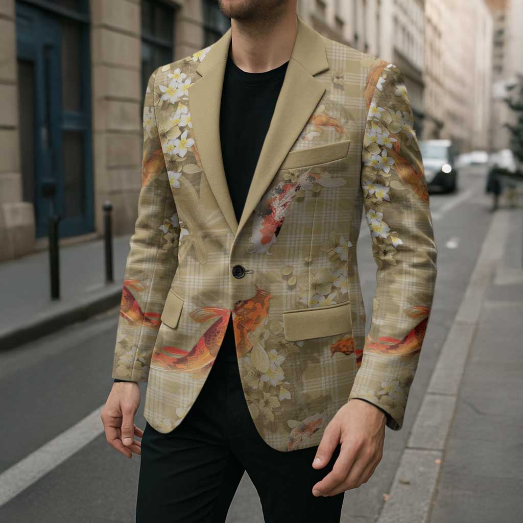 Beige Palaka Hawaiian And Japanese Blazer Sakura Lei With Koi Fish - Polynesian Pride