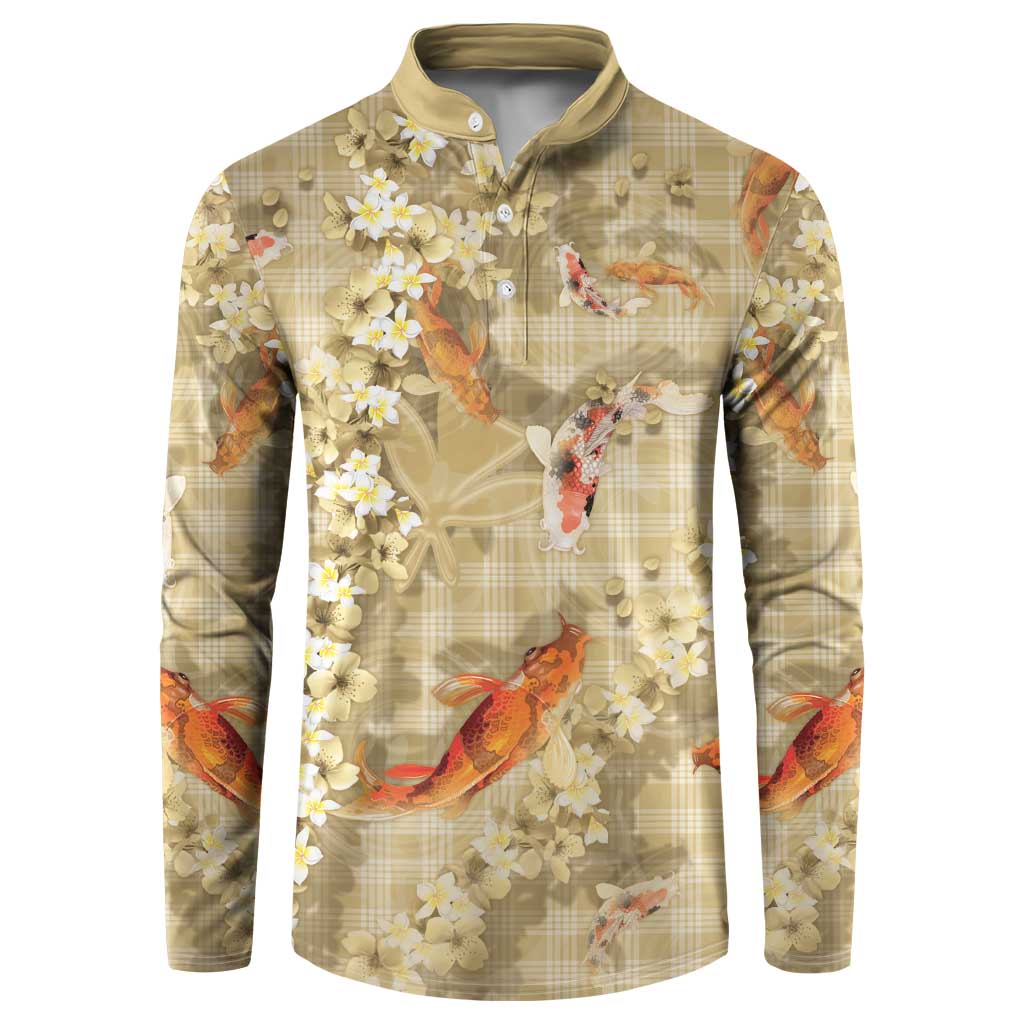Beige Palaka Hawaiian And Japanese Button Sweatshirt Sakura Lei With Koi Fish - Polynesian Pride