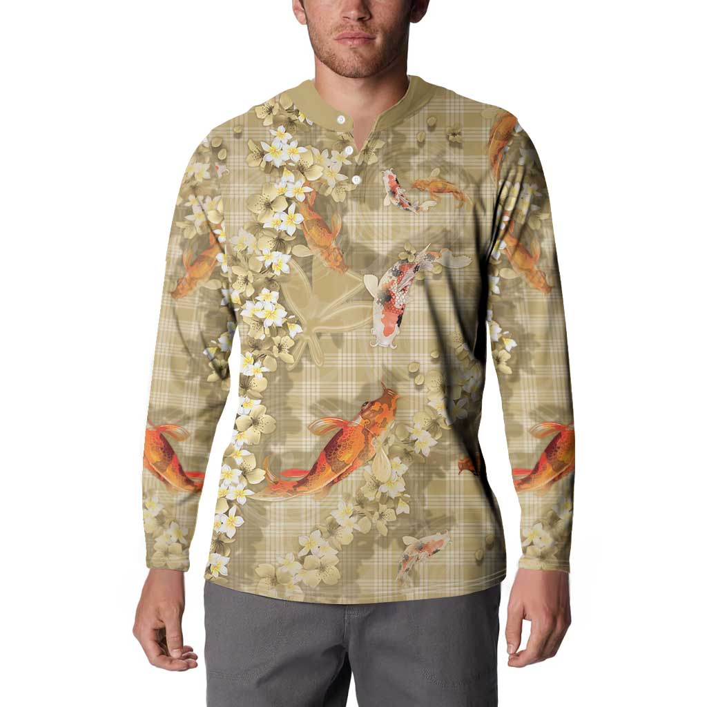 Beige Palaka Hawaiian And Japanese Button Sweatshirt Sakura Lei With Koi Fish - Polynesian Pride