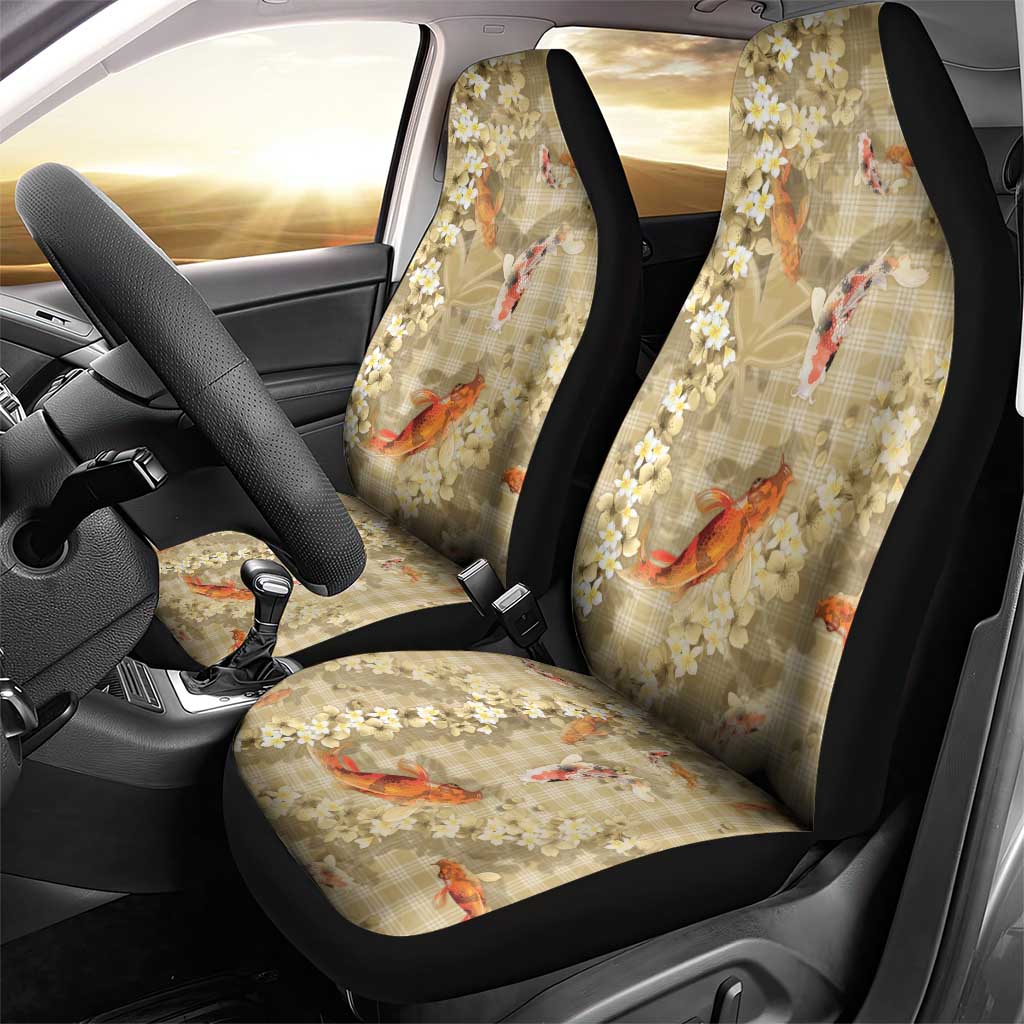 Beige Palaka Hawaiian And Japanese Car Seat Cover Sakura Lei With Koi Fish - Polynesian Pride