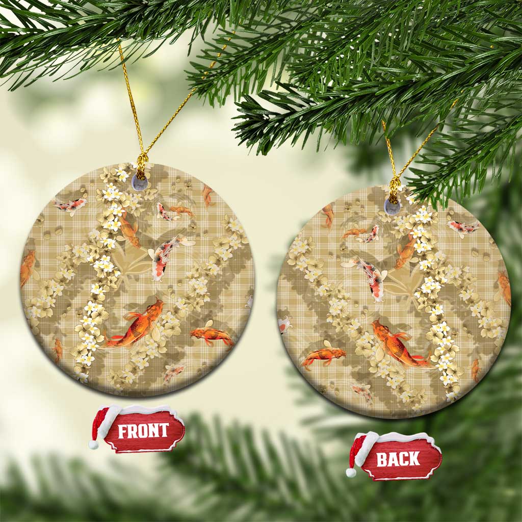 Beige Palaka Hawaiian And Japanese Ceramic Ornament Sakura Lei With Koi Fish - Polynesian Pride