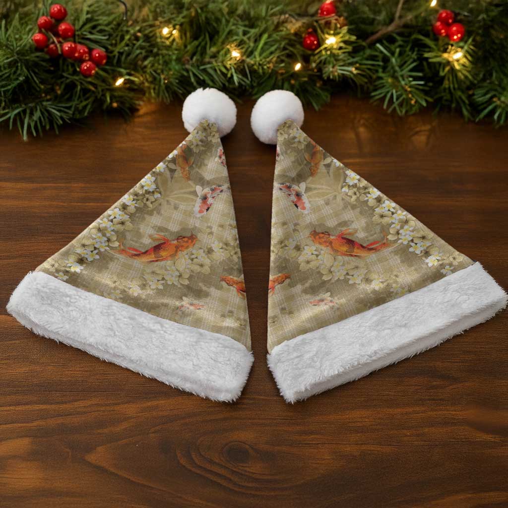 Beige Palaka Hawaiian And Japanese Christmas Santa Hat Sakura Lei With Koi Fish - Polynesian Pride