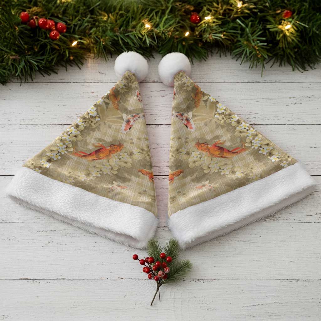 Beige Palaka Hawaiian And Japanese Christmas Santa Hat Sakura Lei With Koi Fish - Polynesian Pride