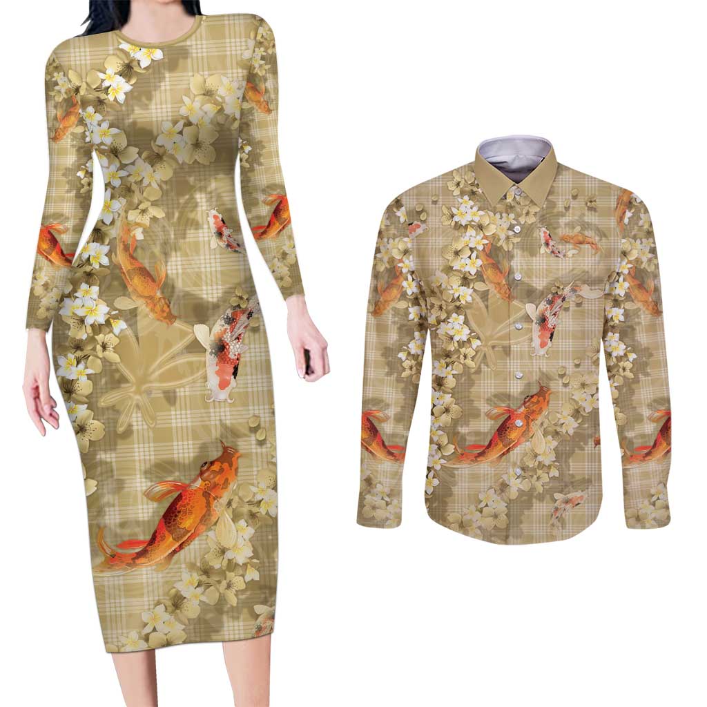 Beige Palaka Hawaiian And Japanese Couples Matching Long Sleeve Bodycon Dress and Long Sleeve Button Shirt Sakura Lei With Koi Fish DT05 Beige - Polynesian Pride