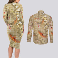 Beige Palaka Hawaiian And Japanese Couples Matching Long Sleeve Bodycon Dress and Long Sleeve Button Shirt Sakura Lei With Koi Fish DT05 - Polynesian Pride