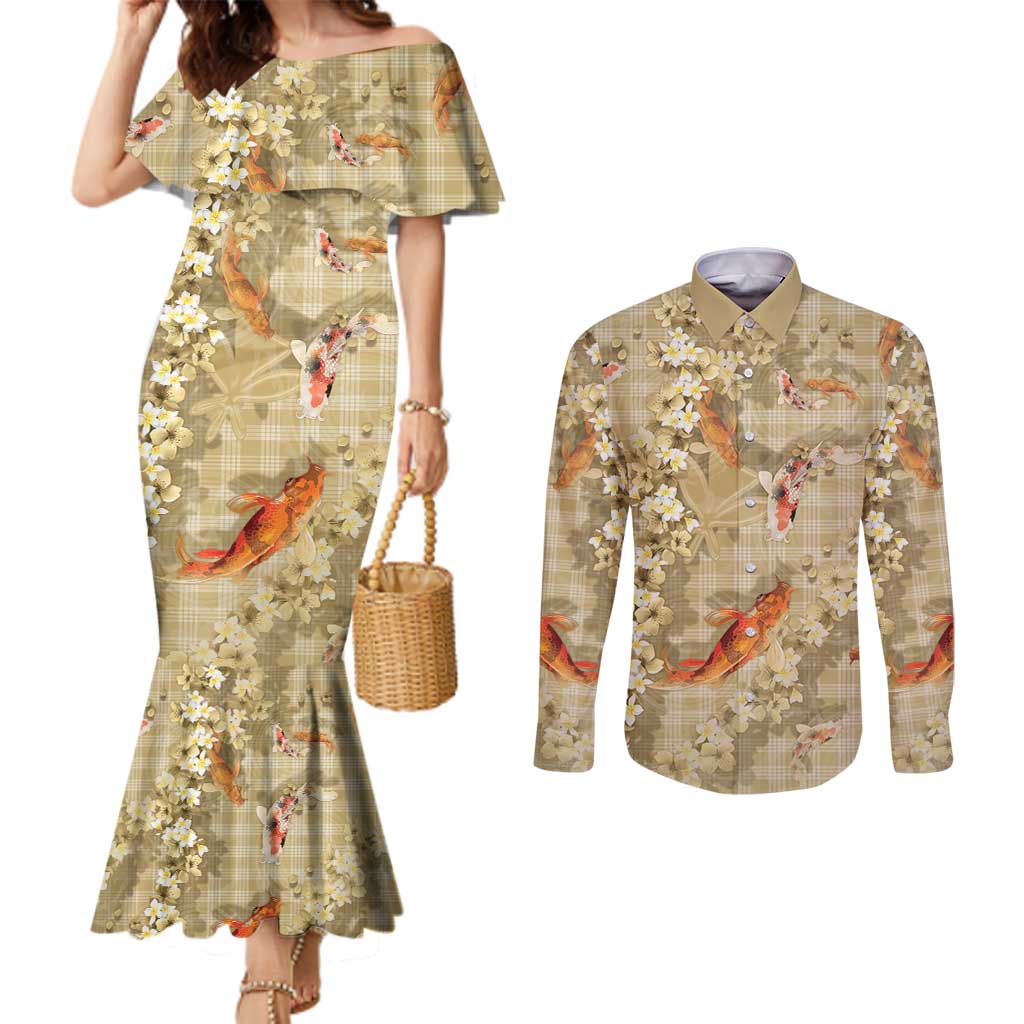 Beige Palaka Hawaiian And Japanese Couples Matching Mermaid Dress and Long Sleeve Button Shirt Sakura Lei With Koi Fish - Polynesian Pride