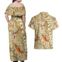 Beige Palaka Hawaiian And Japanese Couples Matching Off Shoulder Maxi Dress and Hawaiian Shirt Sakura Lei With Koi Fish DT05 - Polynesian Pride