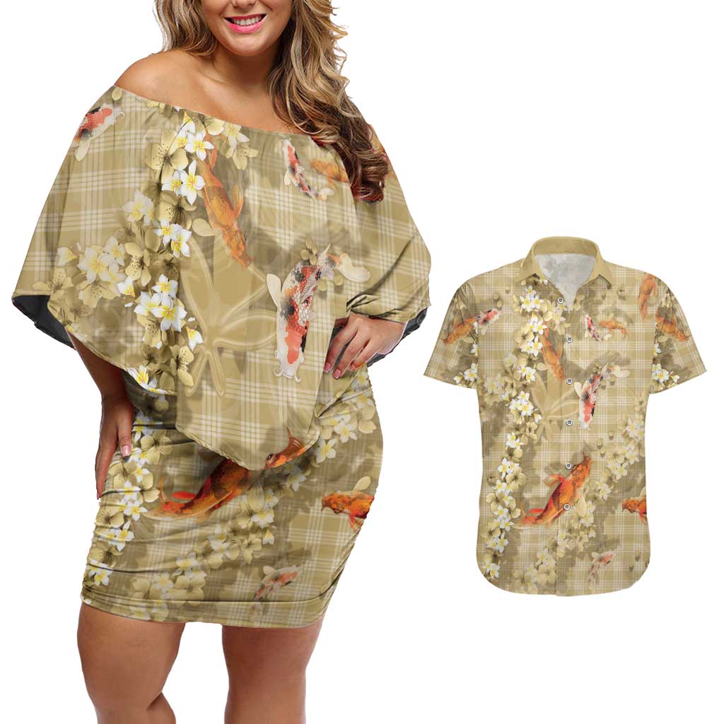 Beige Palaka Hawaiian And Japanese Couples Matching Off Shoulder Short Dress and Hawaiian Shirt Sakura Lei With Koi Fish DT05 Beige - Polynesian Pride
