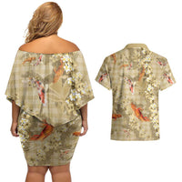 Beige Palaka Hawaiian And Japanese Couples Matching Off Shoulder Short Dress and Hawaiian Shirt Sakura Lei With Koi Fish DT05 - Polynesian Pride