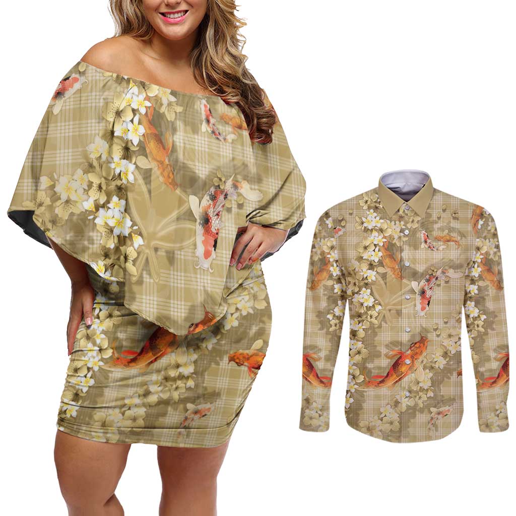 Beige Palaka Hawaiian And Japanese Couples Matching Off Shoulder Short Dress and Long Sleeve Button Shirt Sakura Lei With Koi Fish - Polynesian Pride