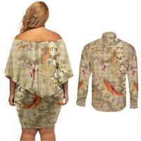 Beige Palaka Hawaiian And Japanese Couples Matching Off Shoulder Short Dress and Long Sleeve Button Shirt Sakura Lei With Koi Fish - Polynesian Pride