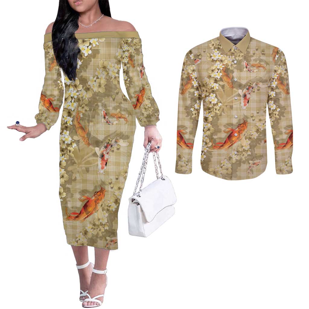 Beige Palaka Hawaiian And Japanese Couples Matching Off The Shoulder Long Sleeve Dress and Long Sleeve Button Shirt Sakura Lei With Koi Fish - Polynesian Pride