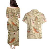 Beige Palaka Hawaiian And Japanese Couples Matching Puletasi and Hawaiian Shirt Sakura Lei With Koi Fish - Polynesian Pride