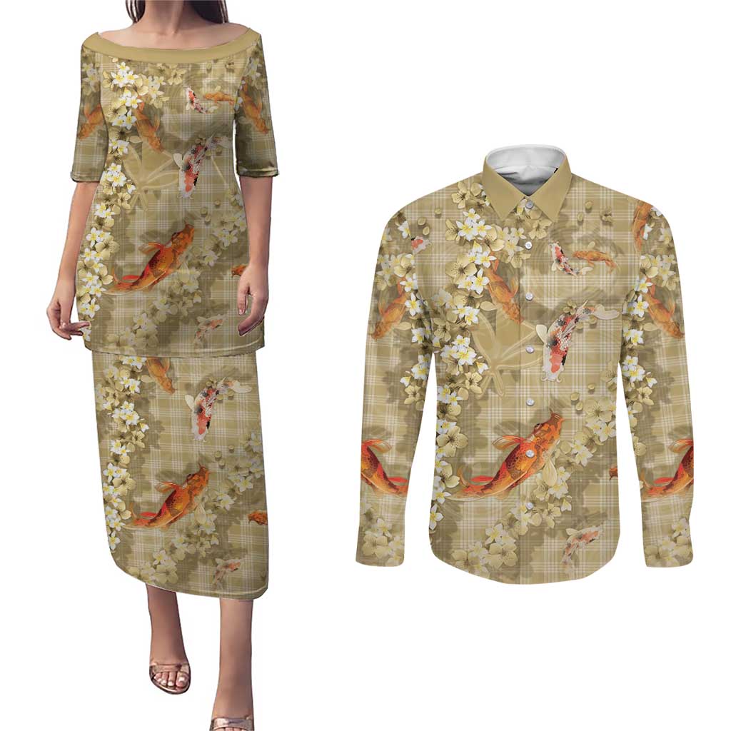 Beige Palaka Hawaiian And Japanese Couples Matching Puletasi and Long Sleeve Button Shirt Sakura Lei With Koi Fish - Polynesian Pride