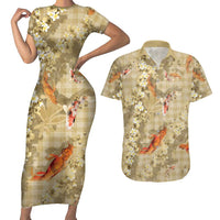 Beige Palaka Hawaiian And Japanese Couples Matching Short Sleeve Bodycon Dress and Hawaiian Shirt Sakura Lei With Koi Fish DT05 Beige - Polynesian Pride