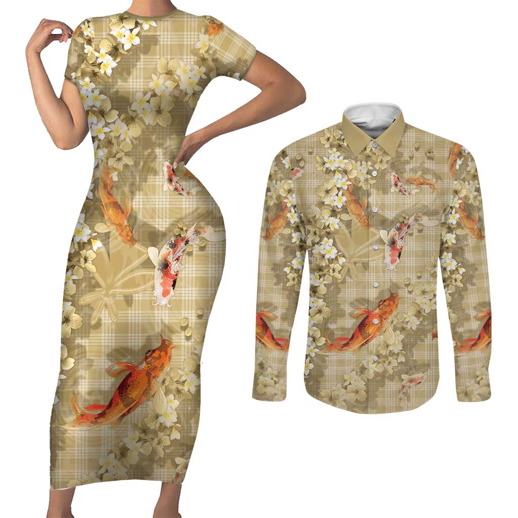 Beige Palaka Hawaiian And Japanese Couples Matching Short Sleeve Bodycon Dress and Long Sleeve Button Shirt Sakura Lei With Koi Fish DT05 Beige - Polynesian Pride