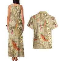 Beige Palaka Hawaiian And Japanese Couples Matching Tank Maxi Dress and Hawaiian Shirt Sakura Lei With Koi Fish DT05 - Polynesian Pride