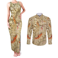Beige Palaka Hawaiian And Japanese Couples Matching Tank Maxi Dress and Long Sleeve Button Shirt Sakura Lei With Koi Fish - Polynesian Pride