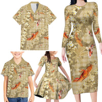 Beige Palaka Hawaiian And Japanese Family Matching Long Sleeve Bodycon Dress and Hawaiian Shirt Sakura Lei With Koi Fish - Polynesian Pride