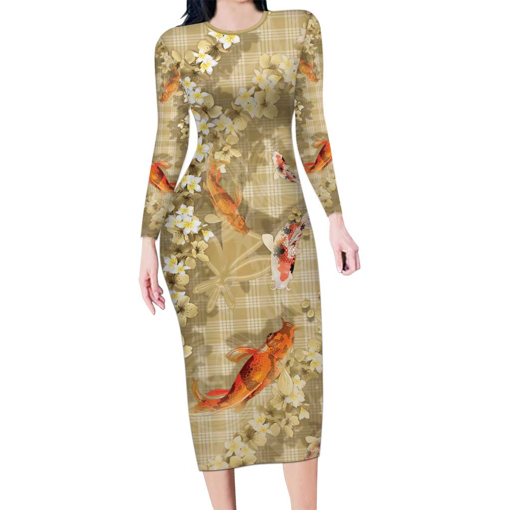 Beige Palaka Hawaiian And Japanese Family Matching Long Sleeve Bodycon Dress and Hawaiian Shirt Sakura Lei With Koi Fish - Polynesian Pride