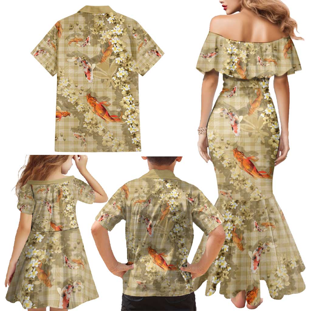 Beige Palaka Hawaiian And Japanese Family Matching Mermaid Dress and Hawaiian Shirt Sakura Lei With Koi Fish - Polynesian Pride