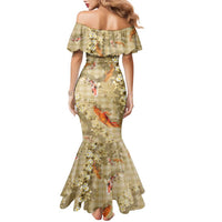 Beige Palaka Hawaiian And Japanese Family Matching Mermaid Dress and Hawaiian Shirt Sakura Lei With Koi Fish - Polynesian Pride