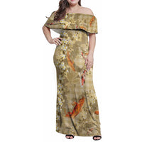 Beige Palaka Hawaiian And Japanese Family Matching Off Shoulder Maxi Dress and Hawaiian Shirt Sakura Lei With Koi Fish - Polynesian Pride