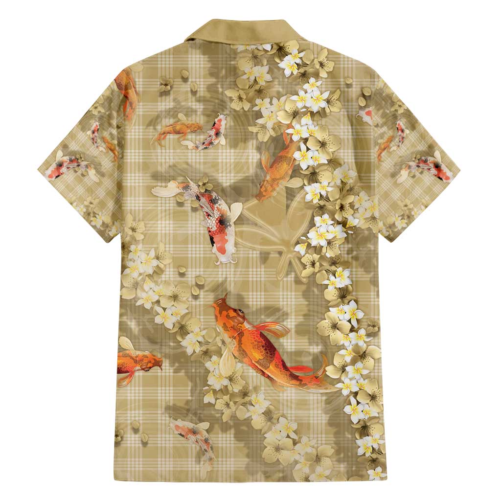 Beige Palaka Hawaiian And Japanese Family Matching Off Shoulder Short Dress and Hawaiian Shirt Sakura Lei With Koi Fish - Polynesian Pride