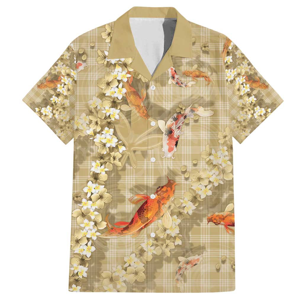 Beige Palaka Hawaiian And Japanese Family Matching Puletasi and Hawaiian Shirt Sakura Lei With Koi Fish - Polynesian Pride